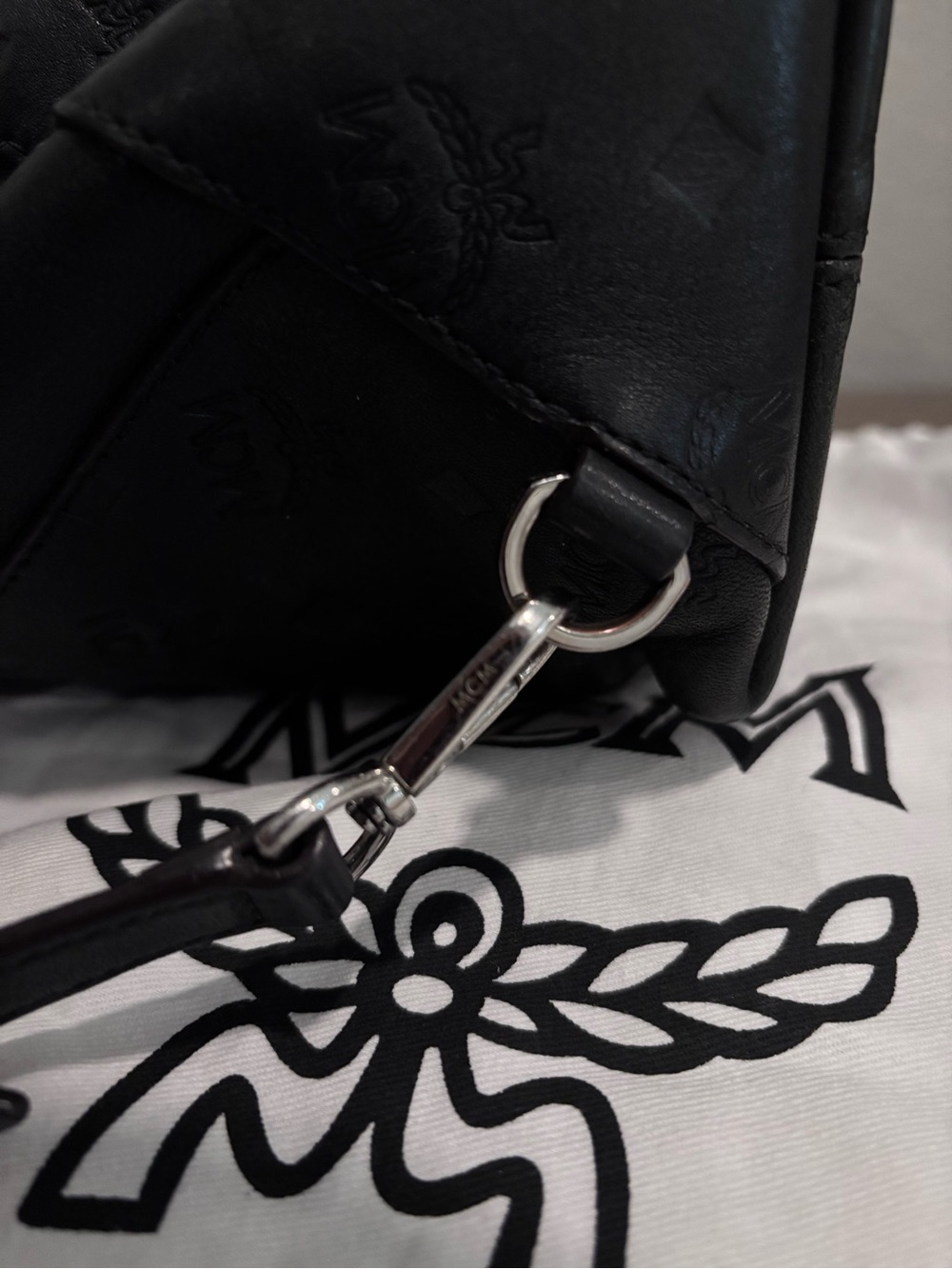 MCM Black Embossed Leather Drawstring Mini Backpack with Top Handle - Picture 7 of 9